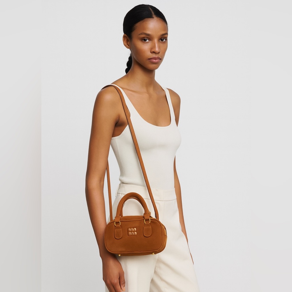 Mini Suede Bowling Brown Handbag with Gold Accents